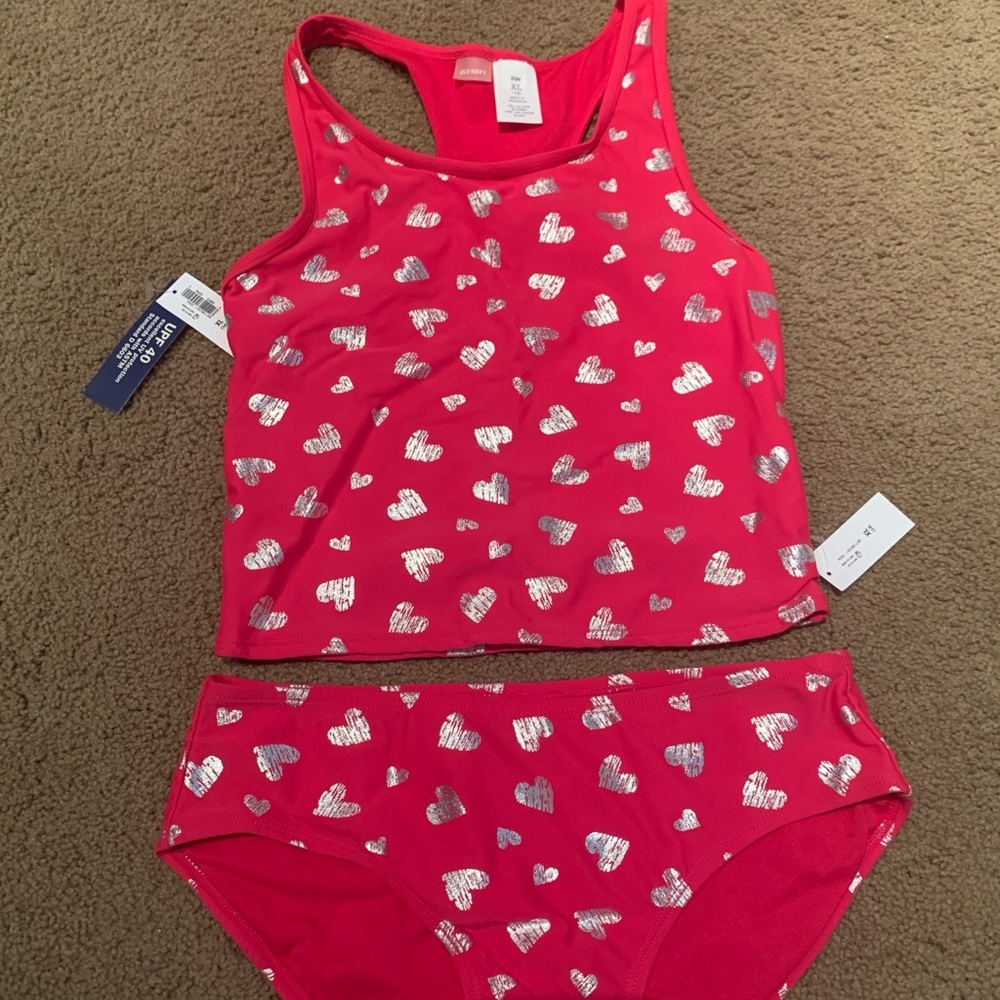 Pink with Silver Heart Print Girl's Swim Set